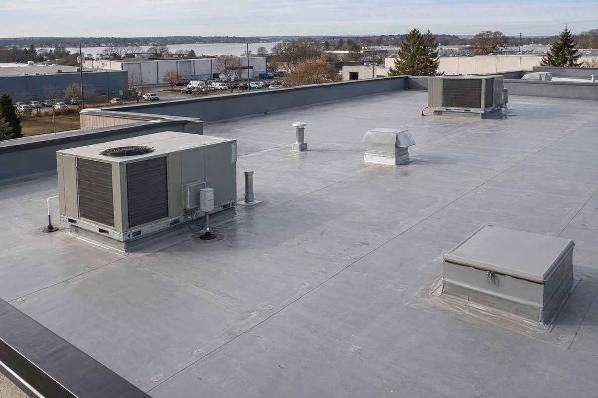 A flat commercial roof with rooftop mechanical units on a smooth grey membrane.