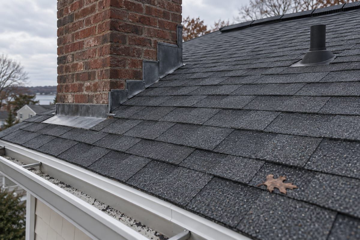 Courses of dark grey architectural asphalt shingles with a roof vent on a pitched roof.